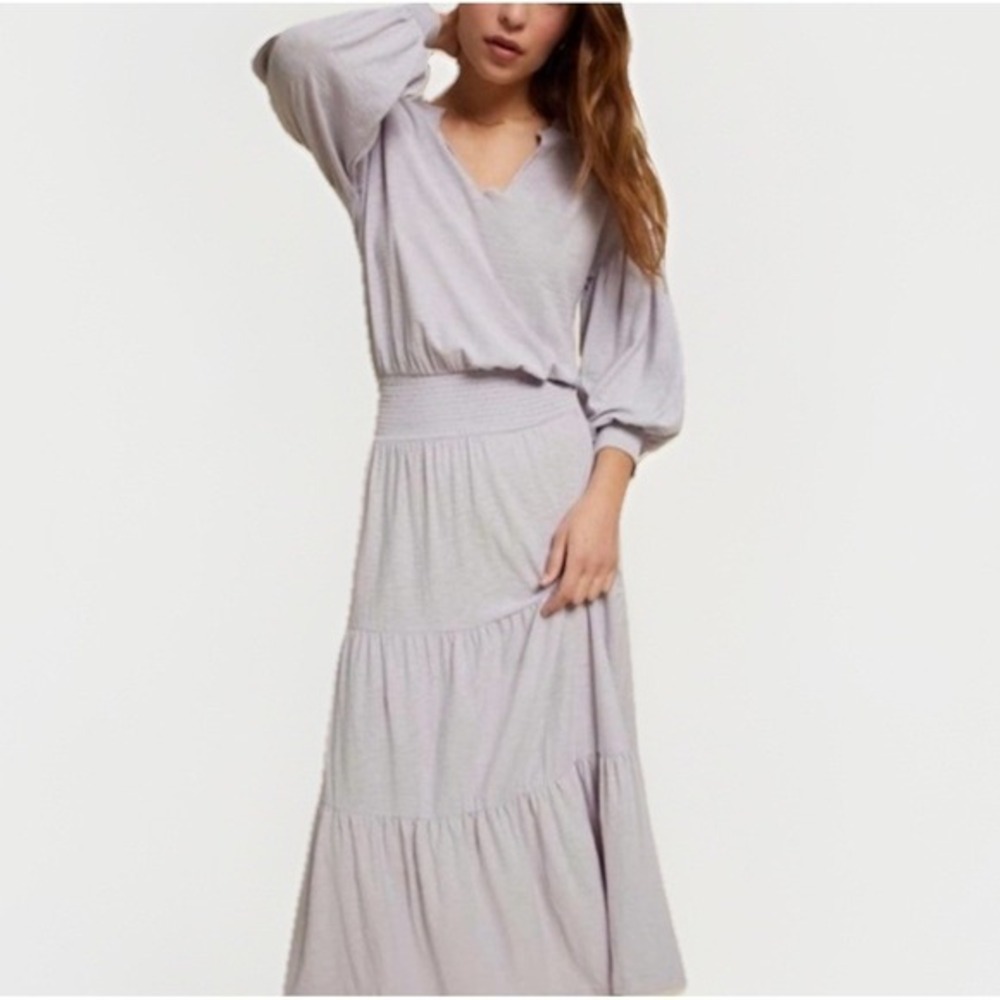 NATION LTD Pima Cotton Tiered Drop Smocked Waist Maxi Dress Lavender L
V Neck